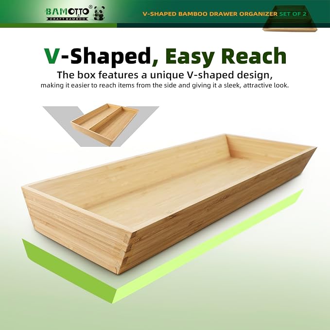 BAMOTTO CRAFTBAMBOO V-Shaped 2-Pack 19.6" Long Bamboo Drawer Organizer Box - Easy Reach Kitchen Utensil Flatware Silverware Cooking Tools Storage for Home Bedroom Bathroom (19.6"x12.4"/19.6"x7.8")