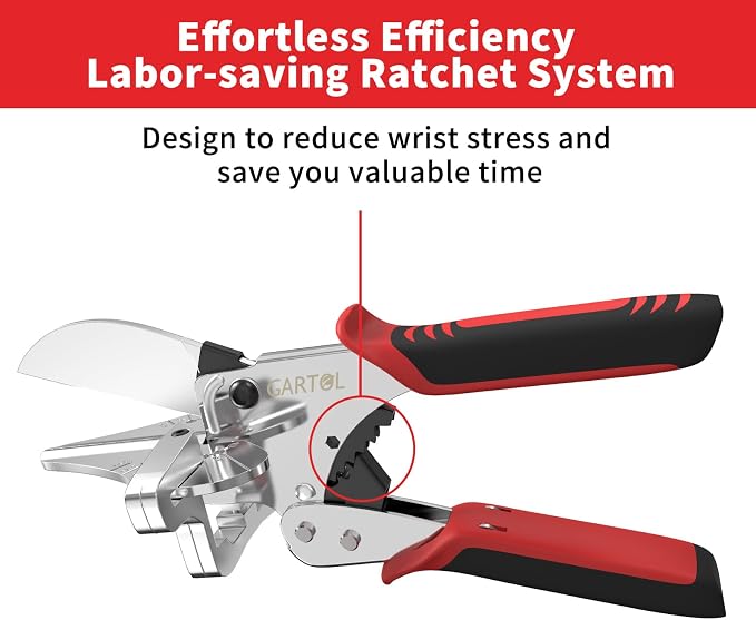 GARTOL Ratchet Miter Shears, 45-135 Degree Adjustable Multi-Angle Cutter for Molding & Trim, Effortless Ratchet System for Quarter Round, Shoe Mold, PVC & Soft Wood, Includes Spare SK5 Blade
