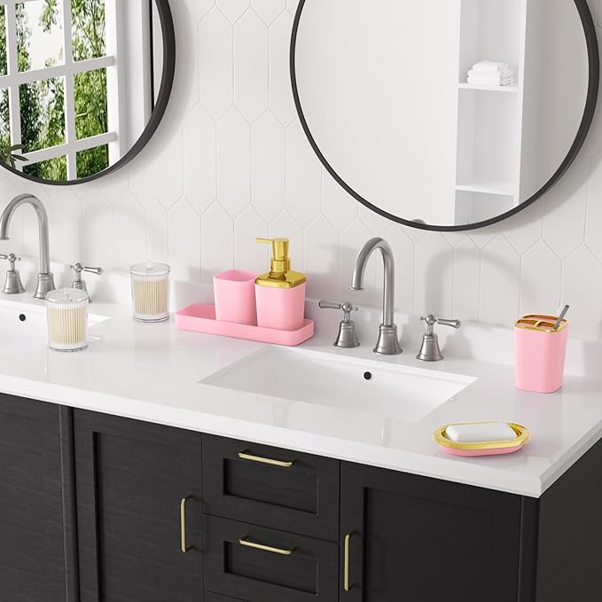 XLHOMO Bathroom Set, 9PC Bathroom Accessory Set, Pink Bathroom Accessories, Pink Bathroom Set, Trash Can, Soap Dispenser for Home Decor