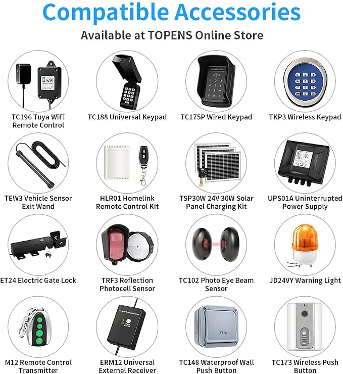 TOPENS PW302 Dual Swing Gate Opener Light Duty Automatic Gate Motor for Double Swing Gates Up to 12ft per Arm, Electric Driveway Gate Operator AC Powered with Remote Control Kit Solar Compatible