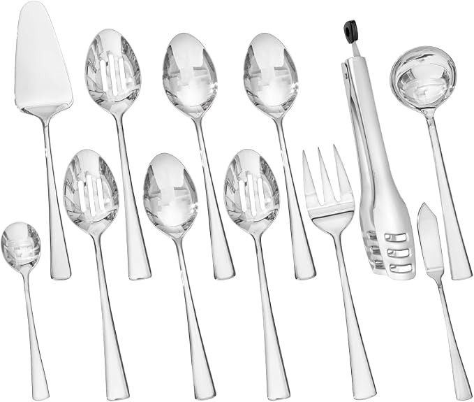 12 Piece 18/10 Serving Utensils Set, Stainless Steel Serving Set | Serving Utensils, Slotted Spoon, Fork, Tong, Soup Ladle, Cake Server, Butter Knife and Sugar Spoon for Buffet,Parties,Kitchen