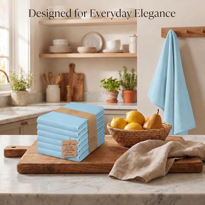 Urban Villa Kitchen Towels 100% Cotton Dish Towels for Kitchen(Set of 6) 20”x30” Dish Cloths Highly Absorbent Kitchen Linen Set with Hanging Loop Perfect for Drying Dishes Cleaning Hand Towels – Aqua