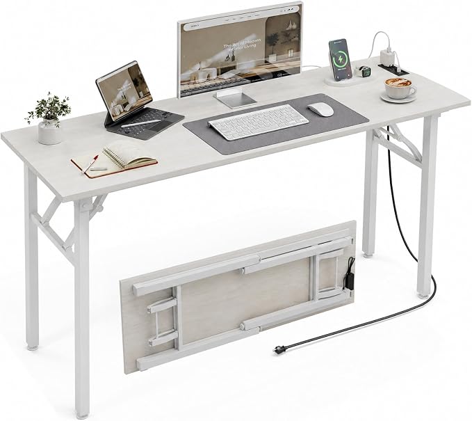 XBurmo Small Folding Desk Folding Table, No Assembly Foldable Desk Gaming Desk, 55.1-Inch Computer Table Workstation with 2 AC Outlets and 2 USB Ports for Bedroom and Home Office, White Ash