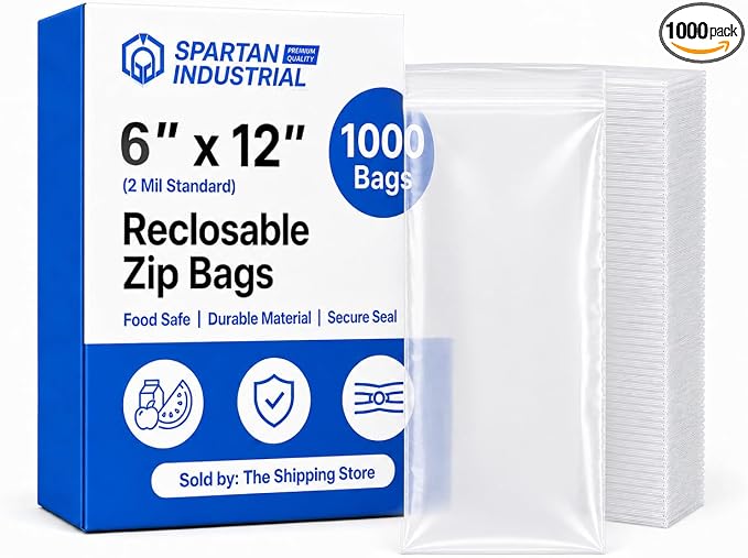 Spartan Industrial - 6” X 12” (1000 Count) 2 Mil Clear Reclosable Zip Plastic Poly Bags with Resealable Lock Seal Zipper