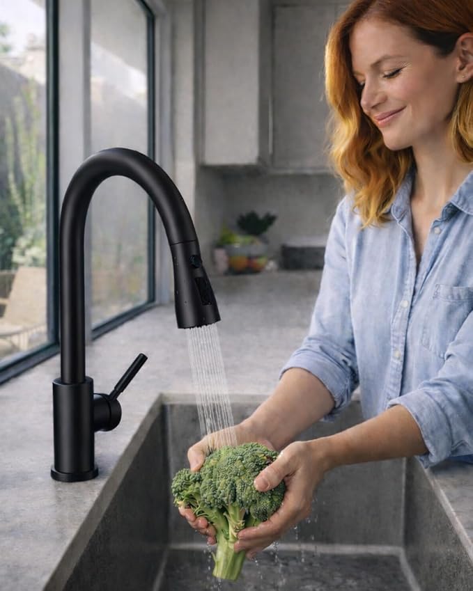 WEWE Pull-Down Kitchen Faucet, 1-Hole for Commercial, Laundry, RV Sinks | 20" Pull-Out Hose Gives Flexible Coverage, 3 Spray Modes, Lead-Free SUS304 Stainless, Tool-Free Twist-Lock