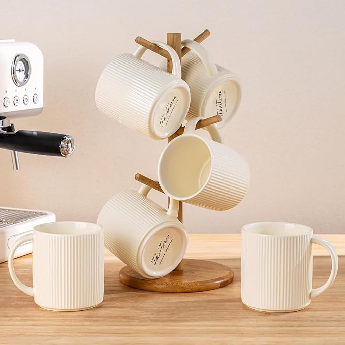 theterra Ceramic Coffee Mugs Set of 4, 14.2oz Handmade Coffee Cups with Handle for Latte, Tea, Milk, Beer, Hot Cocoa, Beige