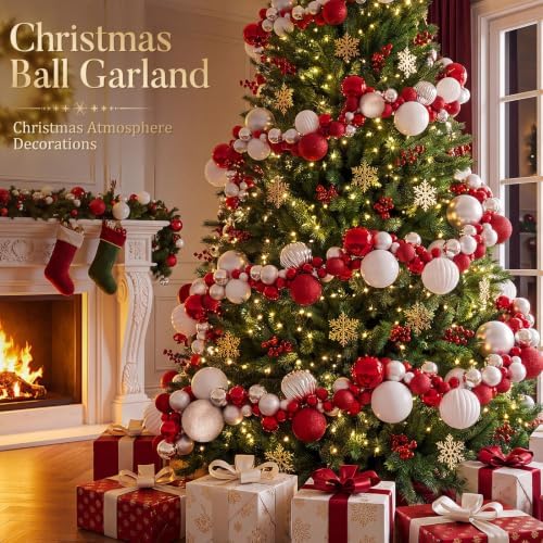 9.2 ft Christmas Ball Garland, Red, White, Silver