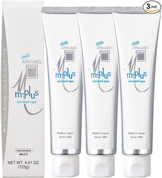 APAGARD® M-Plus, Sangi's Nano-Hydroxyapatite Toothpaste for Naturally Whiter Teeth, No Fluoride, for Family use, 125g / 4.4 oz, Mild Mint Flavor, Pack of 3