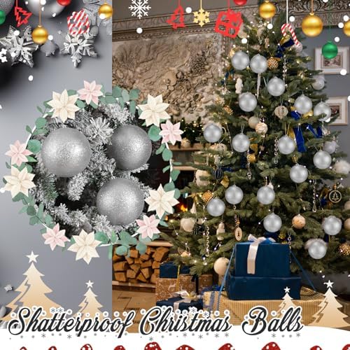 Poen 12 Pcs 6 Inch Large Glitter Christmas Ball Ornament, Silver