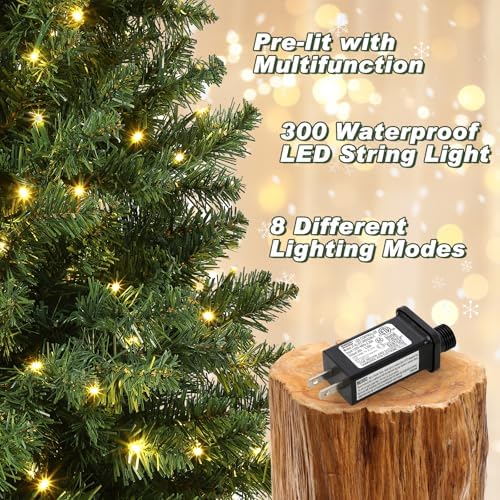 Garvee Pre-lit Artificial Christmas Tree with Warm White Lights, Green Full Christmas Tree 4.5 ft with 8 Light-Modes, Pre Lighted Xmas Tree W/460 Branch Tips, 300 Light & Black Base,2 PCS