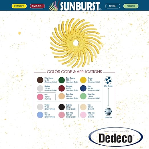 Dedeco Sunburst Radial Bristle Discs 48-Pack - 5/8" Curved - Yellow 80 Grit (Coarse) - Aluminum Oxide for Polishing & Finishing
