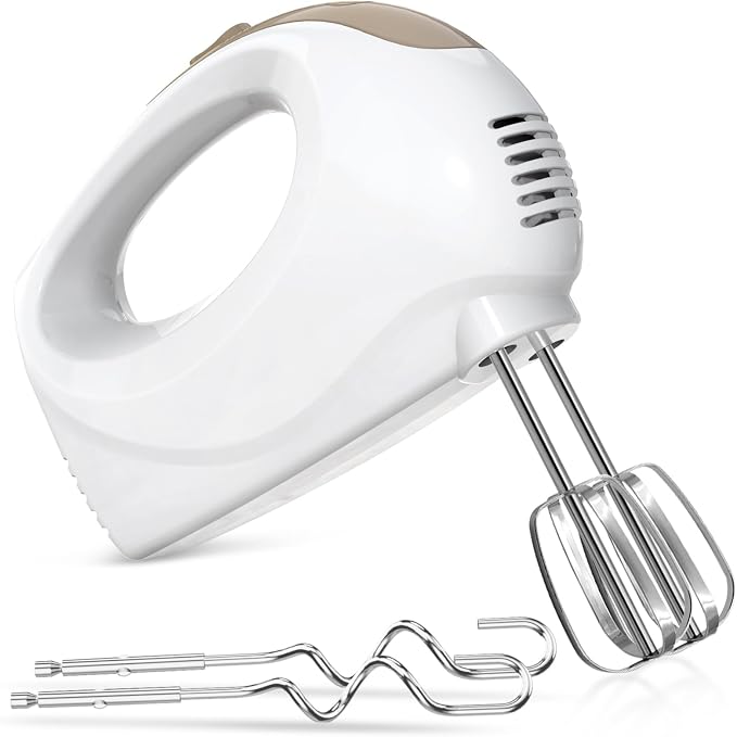 Handmixer Electric Handheld- 5 Speed Portable Kitchen Mixer Electric Handheld with 5 Stainless Steel Accessories Whisk, Food Beater, ‌Ivory