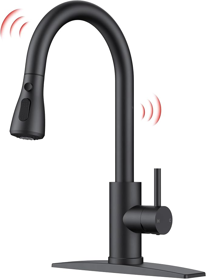 FORIOUS Black Touch Kitchen Faucet with Pull Down Sprayer, Touch Activated | High Arc Kitchen Sink Faucet with Deck Plate, Stainless Steel, Single Hole, Single Handle, Fit for RV Bar Farmhouse Laundry