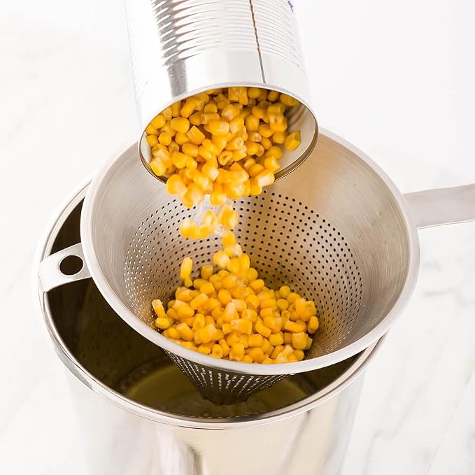 Restaurantware-Met Lux 16.5 Inch x 9 Inch x 8.5 Inch Cone Strainer, 1 With Hook Steel Strainer - Cone-Shaped, Ergonomic, Stainless Steel China Cap Strainer, For Straining Seeds, Beans, Sauces And More