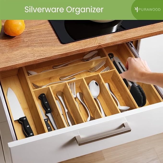 Purawood Bamboo Drawer Organizer, 2 Pack - Expandable Silverware Organizer & Utensil Organizer, Cutlery Tray with Dividers, 7-9 Slots - Premium Kitchen Organizer for Utensils & Flatware (Natural)