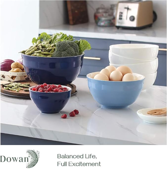 DOWAN Mixing bowls, 4.25/2/0.5 Qt Ceramic Mixing Bowls for Kitchen, Large Salad Serving Bowls, Nesting Mixing Bowls Set, Microwave Safe, Blue
