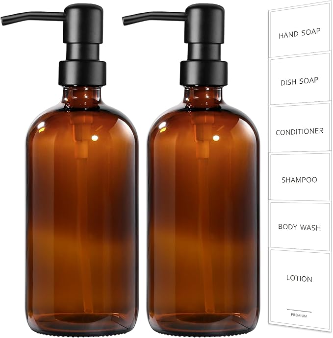GMISUN Amber Glass Soap Dispenser, 8 Pack Bathroom Hand Soap Dispensers | 17 Fl Oz Kitchen Hand and Dish Soap Dispenser Set with Stainless Steel Pump, Modern Vintage Liquid Brown Soap Bottle