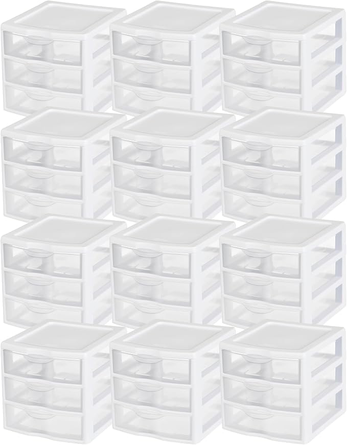 Sterilite 12-Pack Clearview 3-Drawer Cart, Small Plastic Storage Organizer Drawers, White - Organizing Drawer Containers for Bathroom, Closet, Kitchen, and Bedroom