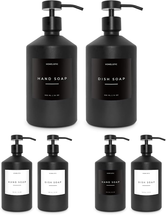 Luxury Glass Soap Dispenser Set of 2 - Elegant Black Glass Bottles with Matte Black Pumps, Ideal for Kitchen and Bathroom for Hand and Dish Soaps