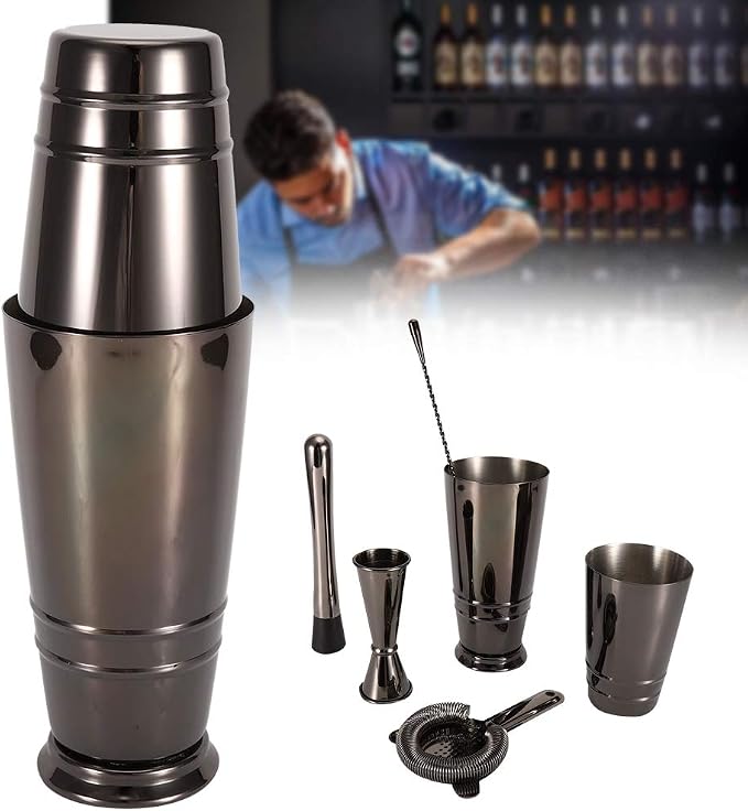 5Pcs Black Stainless Steel Cocktail Shaker Set, Bartender Tool Kit with Measuring Cup Strainer Mixing Spoon, Dishwasher Safe Bar Accessories for Home Bar