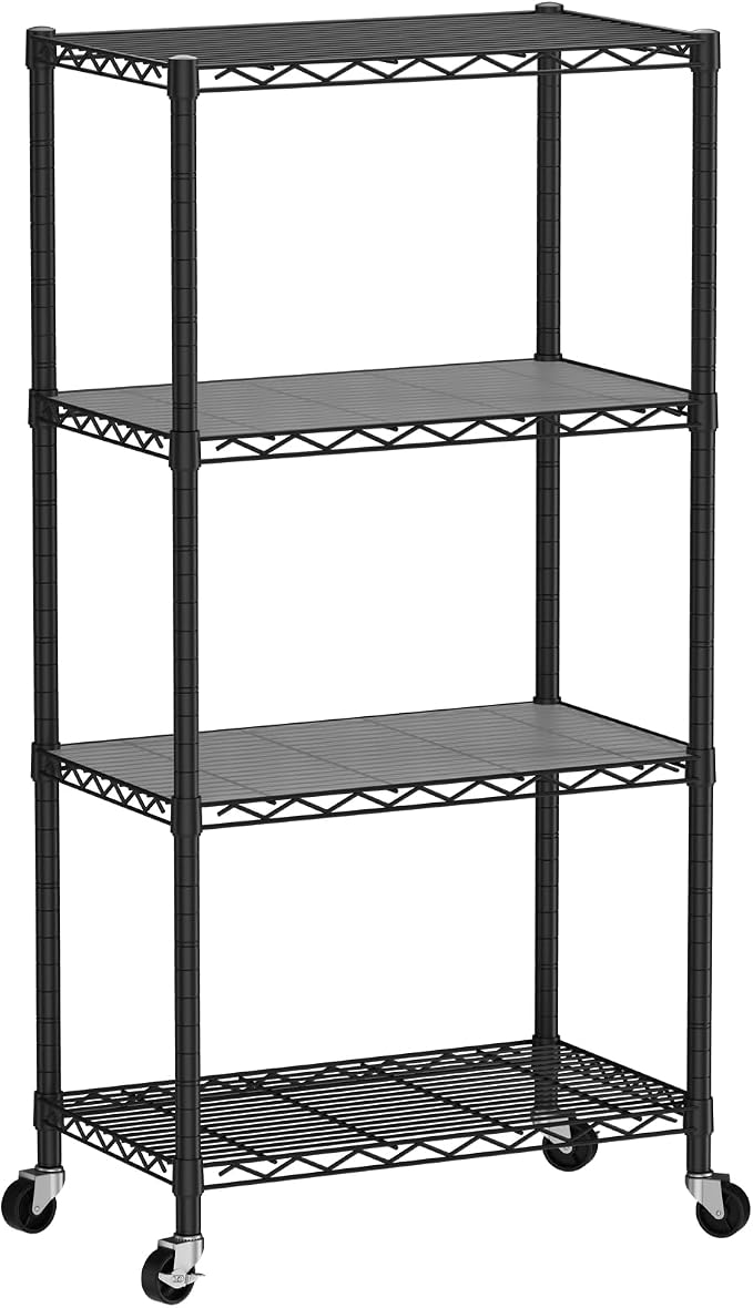 SINGAYE 4 Shelves Storage Wire Shelf Closet Metal Shelving Pantry Wheels | Shelf Bathroom Organizers Metal Kitchen Garage Shelving Unit Laundry Room Organization Home Rack Net Basket with Wheels