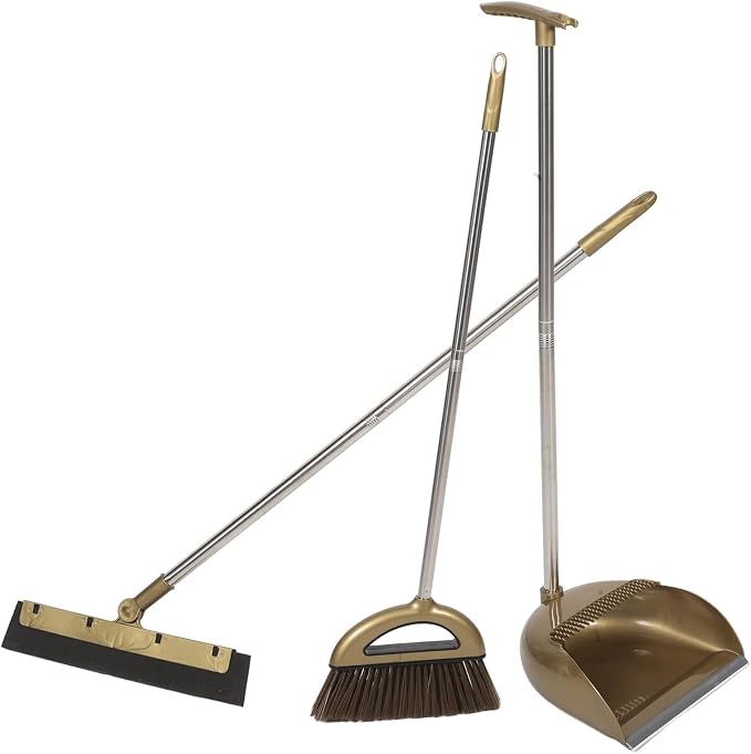 HEMOTON Broom and Dustpan Set with Cleaning Scraper, 3pcs Gold Household Sweeping Kit for Home Floor and Carpet Cleaning