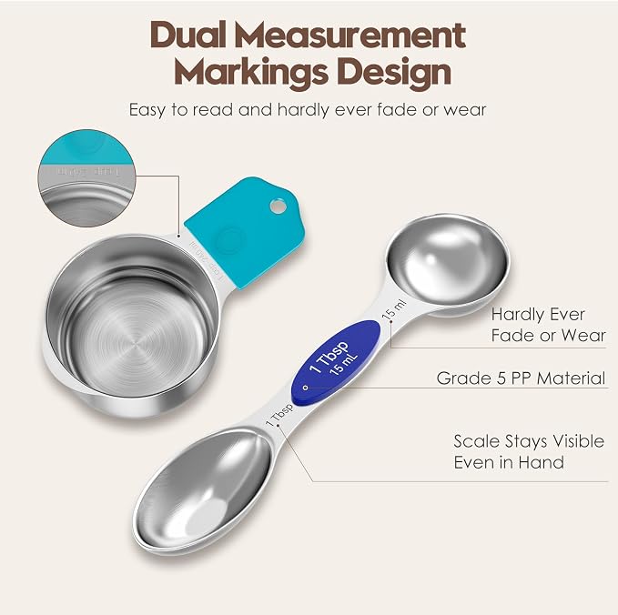 Magnetic Measuring Cups and Spoons Set – 304 Stainless Steel | Dual-sided Design | 15-Piece with Leveler | N52 Space-Saving Magnetic Nesting | Baking & Meal Prep | Kitchen Gift (Colorful)