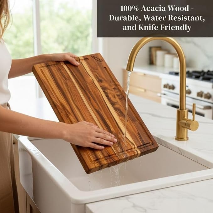Acacia Wood Cutting Board Set of 3 with Stand, Thick Butcher Block Boards w/Deep Juice Grooves for Meat Prep & Serving, Premium Solid Hardwood, Non-Toxic, BPA-Free by New M Way