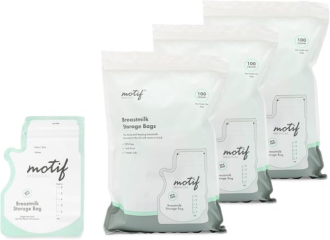 Motif Medical Breastmilk Storage Bags - Freezer Bag w/Easy Pour Spout, Write-On Label - Leak-Proof Double Zipper Milk Bags for Breastmilk - Breastfeeding Mom Gifts (6 oz, 300 Count)