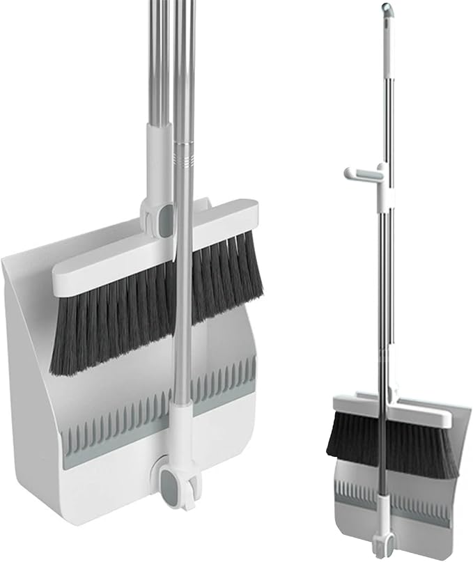 Broom and Dustpan Combo Set for Home - Long Handle Angle Broom & Dust pan Combo Built-in Comb Teeth to Automatically Clean Hair - Suitable for Home Kitchen Office Hall Floor,White