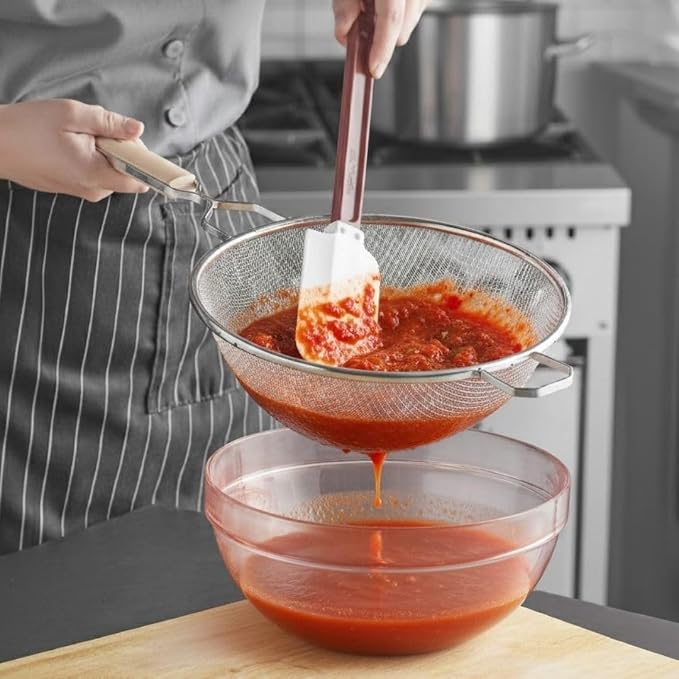 Soro Essentials- 10.25" Double Tinned Coarse Mesh Strainer with Pan Hook Wooden Handle- Food Sieve Strainer Kitchen Mesh Strainer Utensil for Cooking Rice Quinoa Pasta Fruits Vegetable Home Kitchen