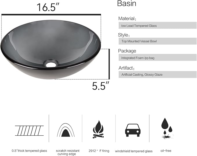 Bathroom Vessel Sink, Tempered Glass Vanity Round Bowl, Bluish Grey | Chrome Faucet, Pop Up Drain, Above Counter, Easy Clean