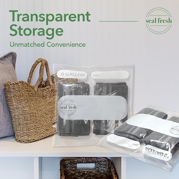 Seal Fresh 10 Gallon Large Plastic Storage Bags – 24" x 24" (15 Count) – Reusable XXL Extra Large Clear Jumbo Zip Bags with Sealable Zipper Top For Clothes, Travel, Moving