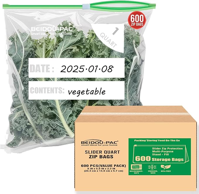 BEIDOU-PAC Slider Quart Food Storage Freezer Bags with Stand-Up Bottom, 600 Count | 2 Mil | 8 IN x 5.9 IN x 2.3 IN, Freshness Easy Open Reclosable Clear Plastic Bags (Slider-quart-600count)