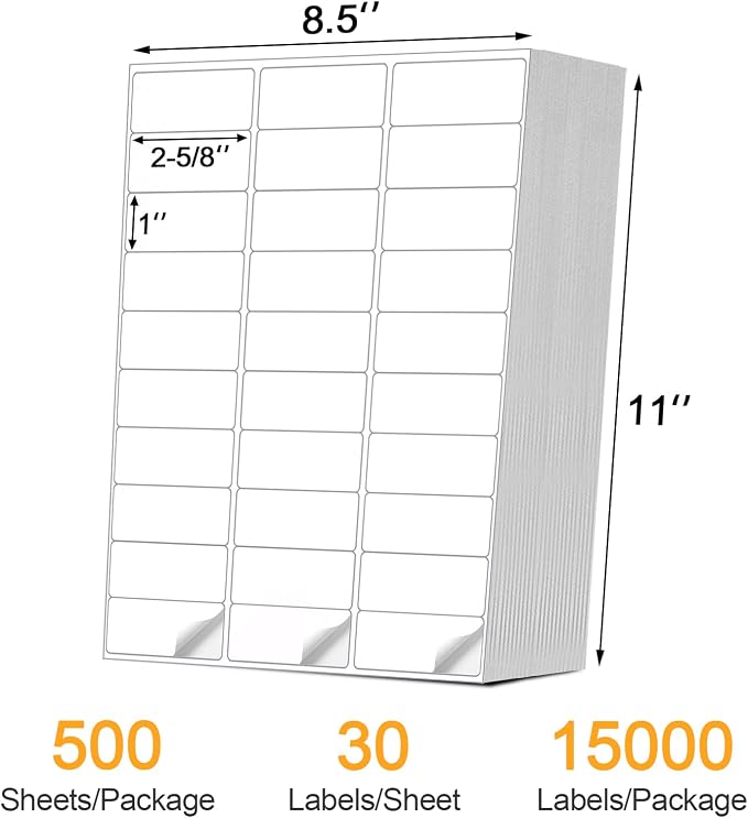 Address Labels (15,000/500 Sheets) - 1" x 2-5/8" Mailing Labels, 30 UP Shipping Sticker for Laser and Inkjet Printers