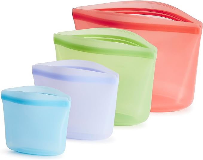 Stasher Premium Reusable Silicone Food Storage Bags, 4-Pack, Multicolor | Food-Safe Silicone, BPA-Free, Leak-Free, Eco-Friendly, Dishwasher, Lunch Bag, Travel Containers, Meal Prep, Lunch, Travel