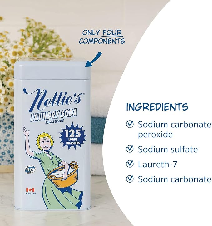 Nellie's Laundry Soda | Laundry Detergent Powder, 125 Load | Made in Canada | Septic-Safe, HE Compatible & Fragrance-Free - Concentrated Formula - Simple, Safe ingredients