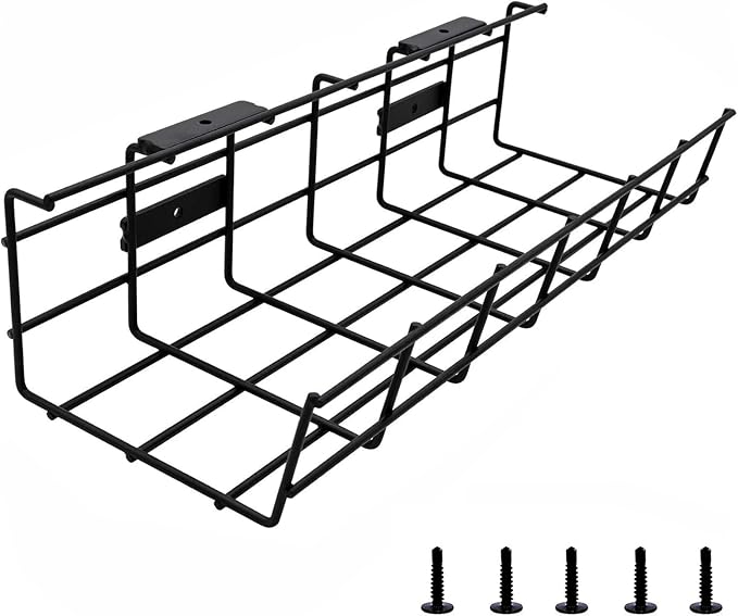 Under Desk Cable Management- 1 Pack Cord Organizer. Metal Wire Cable Management Tray for Office, Studio and Home. Super Sturdy Under Table Cable Raceways Management - Black Cable Organizer