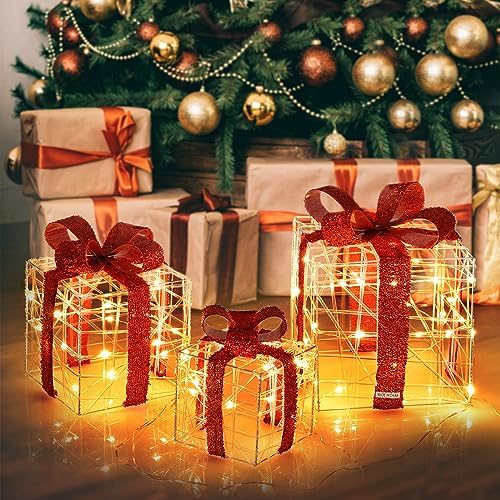 Tangkula Set of 3 Christmas Lighted Gift Boxes, Christmas Box Decorations