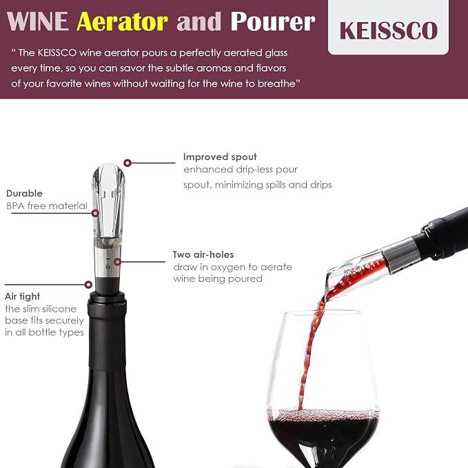 KEISSCO Stainless Steel Wine Opener Set - Compact Vertical Corkscrew Wine Bottle Opener Gift Set with Foil Cutter, Aerator Pourer, Vacuum Pump and 2 Wine Stoppers, Wine Gift Set for Home Party Bar