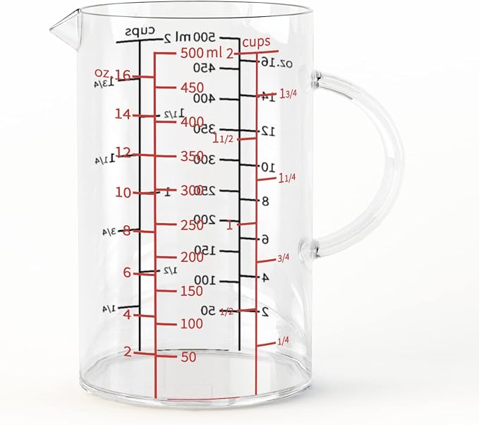 77L Glass Measuring Cup, [Double-Sided Measuring Scale, Insulated handle, V-Shaped Spout], High Borosilicate Glass Measuring Cup for Kitchen or Restaurant, Easy To Read, 500 ML (0.5 Liter, 2 Cup)