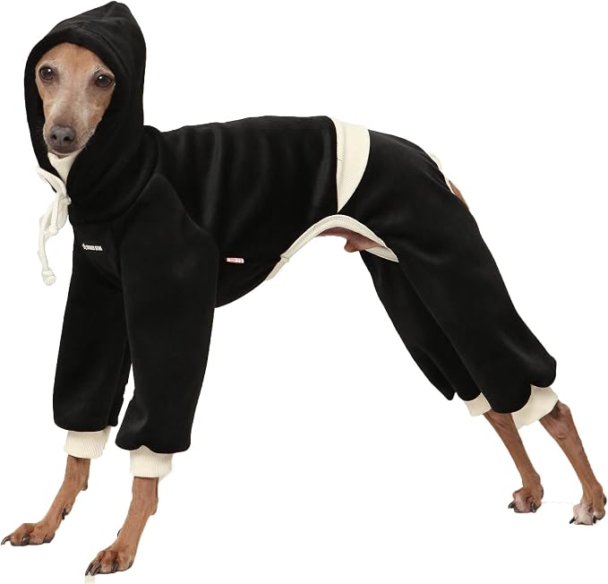 D Doggy Star Italian Greyhound Clothes, Corduroy Velvet Hooded Jumpsuit, Stretchy and Cozy (2XL,Hoodie Black)