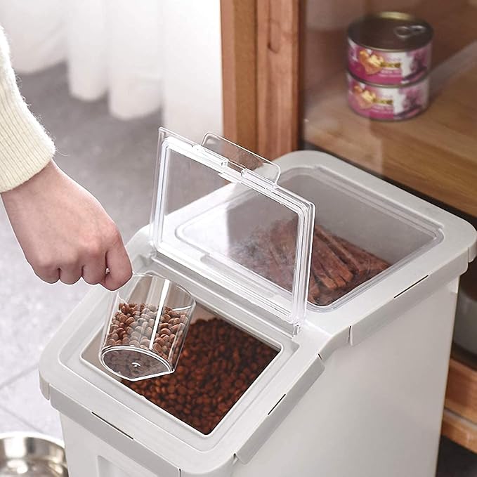 25LB/13L Airtight Flour Rice Grain Cereal Storage Container With Spoon & Measuring Cup & Handle, 2 Pack (Holds 50LBS) Pet Dog Cat Dry Food Bin, Easy to Move & Keep Food Fresh(400 oz)