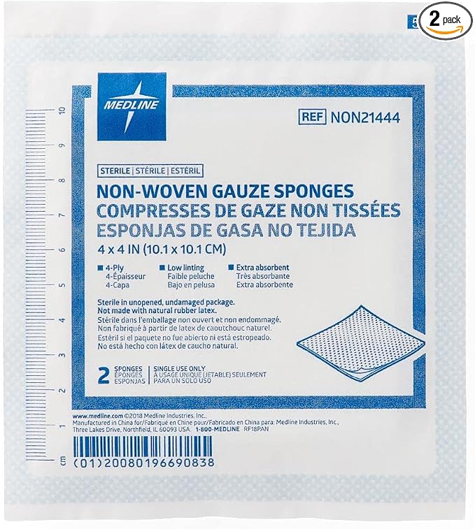 Medline Nonwoven 4-Ply Gauze Sponges, Sterile, 4 x 4 Inches, Pack of 2