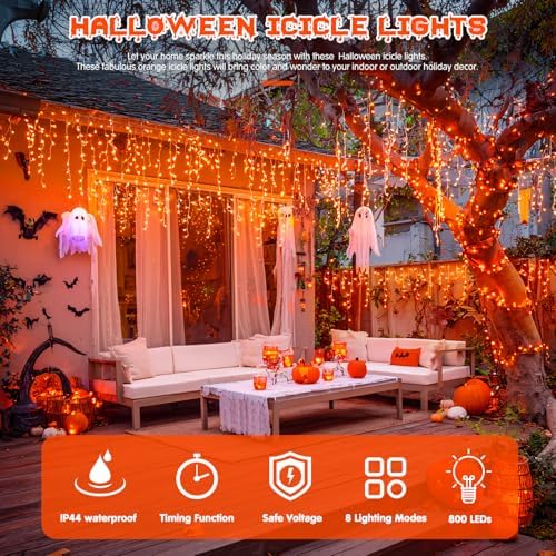 JMEXSUSS Orange Halloween Icicle Lights Outdoor, 800 LED Plug in