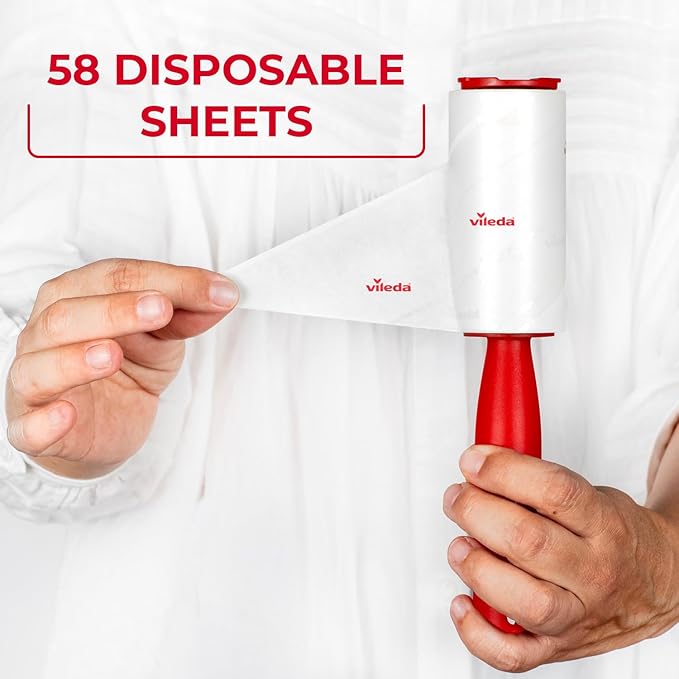 Vileda - Lint Roller Brush/Adhesive Sticky/Animal Hair Brush - 58 Sheets Per Roll - Red Handle