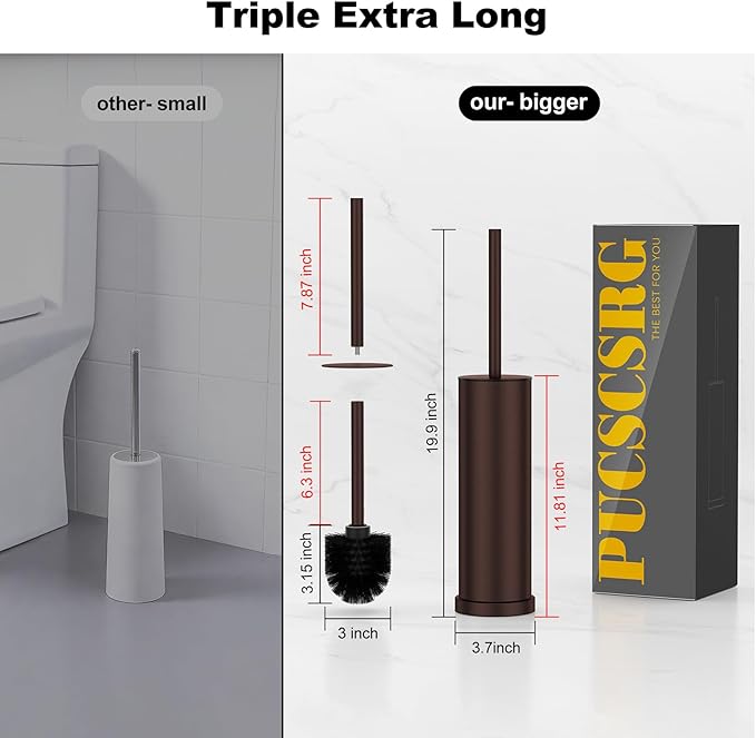 Bronze Toilet Brush and Holder Set，Stainless Steel Heavy Duty Toilet Bowl Brush，Extra Long Handled Modern Toilet Cleaner Brush with Replaceable Head, Removable Inner Bowl, and Splash Protection