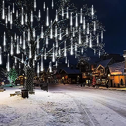 Weepong Christmas Lights Outdoor UL Certified Meteor Shower Lights 12 Inch 8 Tubes 192 LED Falling Rain Drop Icicle Snow Cascading Light for Xmas Tree Wedding Party Garden Decoration, White
