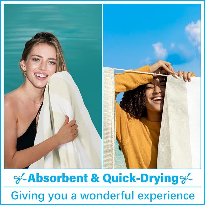 Vikumond Turkish Beach Towel Blanket Oversized 88x82 Inch Quick Dry Beige | Lightweight Compact Portable Sand Free Absorbent Boho Woven Throw for Pool Swimming Picnic Camping Cruise Outdoor Essentials