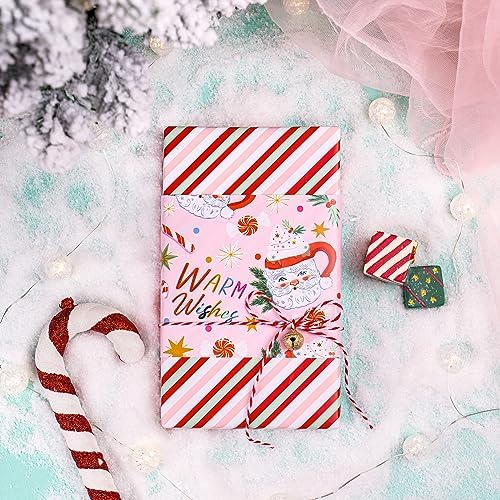 WRAPAHOLIC 30 Inch Reversible Christmas Wrapping Paper - 30 Inch x 33 Feet - Santa Claus Cup and Stripe Wrapping Paper for Chrsitmas, Holiday, Party Celebration